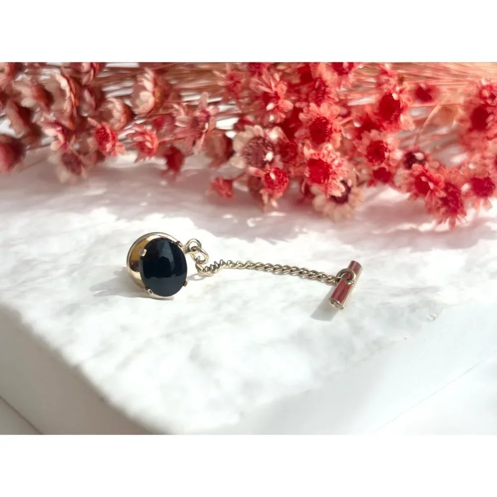 Faux Black Onyx Stone Silver Toned Vintage Men's Tie Tack